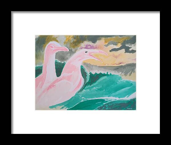 Seagulls Framed Print featuring the painting Seagulls with Waves by Enrico Garff