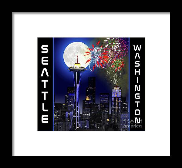 Seattle Skyline Framed Print featuring the painting Seattle Skyline by Two Hivelys