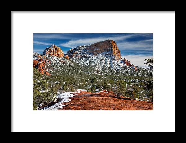 Red Rock Cliffs Sedona Arizona Fstop101 Landscape Sandstone Snow Winter Framed Print featuring the photograph Sedona Red Rock Cliffs in Snow by Geno