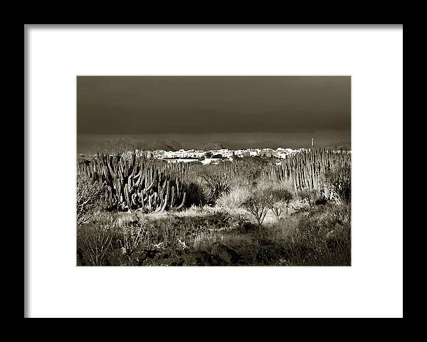 Dark Framed Print featuring the photograph sepia color Mountain in Tenerife island, Canary islands by Severija Kirilovaite