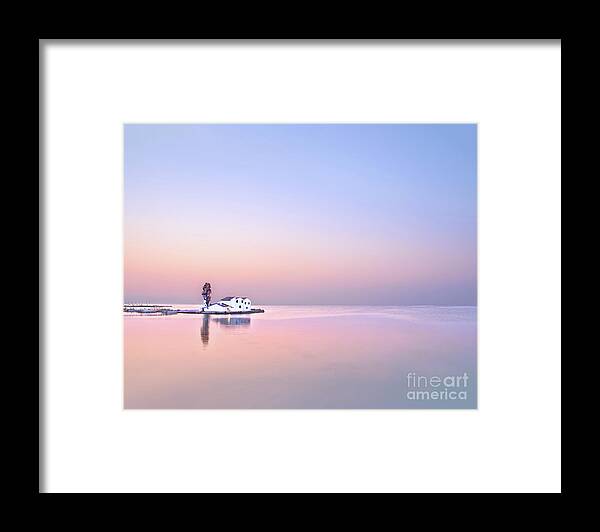 Sunrise Tree White Haven House Single Lonely Loneliness Alone Solo Solitary Relaxation Blue Sky Pink Sea Creative Unwinding Calm Serene Tranquillity Untroubled Minimalist Stylish Minimalism Glorious Impression Impressionistic Landscape Scenic Mindfulness Singular Charming Atmospheric Aesthetic Dawn Sentimental Delicate Gentle Evocative Panoramic Unspoiled Peaceful Tranquility Morning Simplicity Pastel Watercolor Conceptual Expressive Serenity Inspirational Magic Poetic Delightful Simple Seascape Framed Print featuring the photograph Serenity at dawn by Tatiana Bogracheva