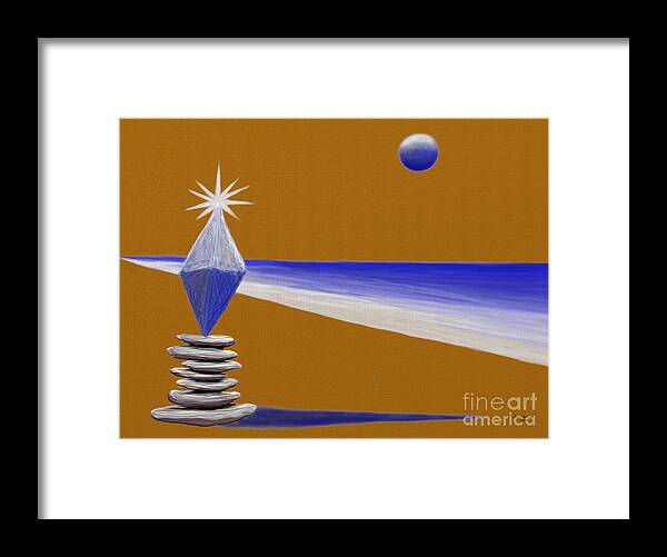 #serenity #digital #painting #abstract #zen #gold #blue #white #gray #metallic #star #sparkle #moon #sun #rays #cone #stones #piledstones #piled #ball #shadow #diamond #water #ocean #shore #sky Framed Print featuring the digital art Serenity by Gary F Richards