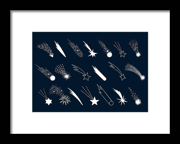 Comet Framed Print featuring the drawing Set of hand drawn falling stars. Vector comet. Shooting lights. Isolated illustration. Doodle style. by Anatartan