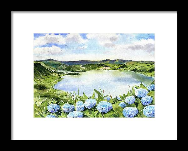 Sete Cidades Framed Print featuring the painting Sete Cidades in Azores Sao Miguel Painting by Dora Hathazi Mendes
