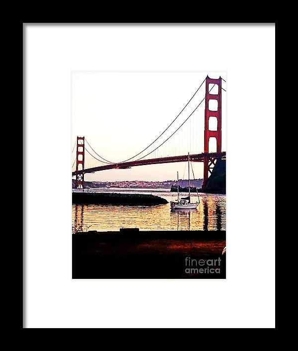 Golden Gate Bridge Framed Print featuring the painting SF Fog Meets October Sunset by Artist Linda Marie