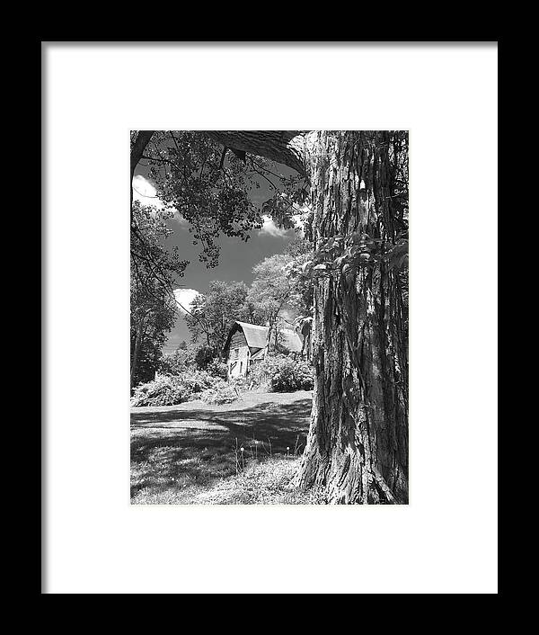 Black And White Framed Print featuring the photograph Shade Tree with a Barn by Mike McGlothlen