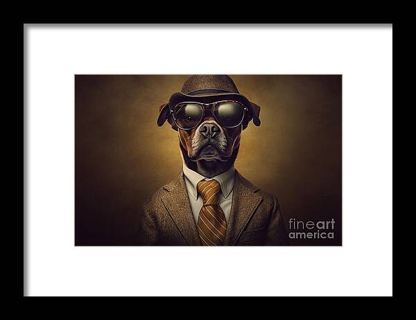 Dog Framed Print featuring the painting Shades H Tie Suit Gangster Impress Dressed Dog Boss Mafia Canine pet attaching shades bully bulldog canino fashion style serious mad business trendy confident cute adorable playful dapper by N Akkash