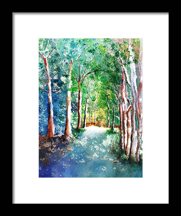 Trees Framed Print featuring the painting Shady Tree Lined Country Road by Carlin Blahnik CarlinArtWatercolor