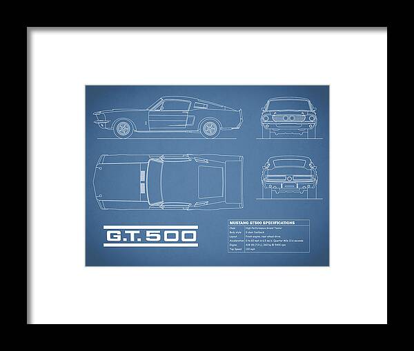 Ford Mustang Framed Print featuring the photograph Shelby Mustang GT500 Blueprint by Mark Rogan