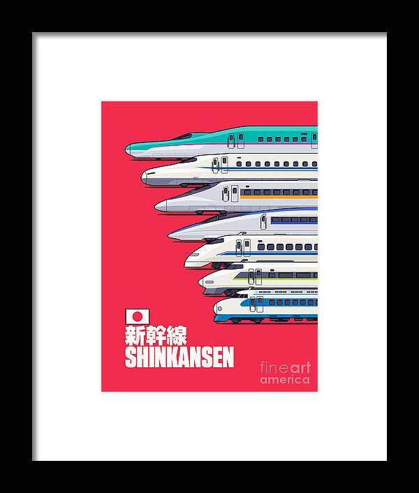 Train Framed Print featuring the digital art Shinkansen Bullet Train Evolution - Red by Organic Synthesis