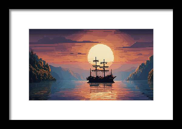 Pixel Framed Print featuring the digital art Ship and Moon by Quik Digicon Art Club
