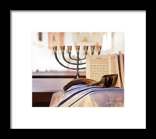 Shofar Framed Print featuring the photograph Shofar, Menorah and Jewish prayer book by Stella Levi
