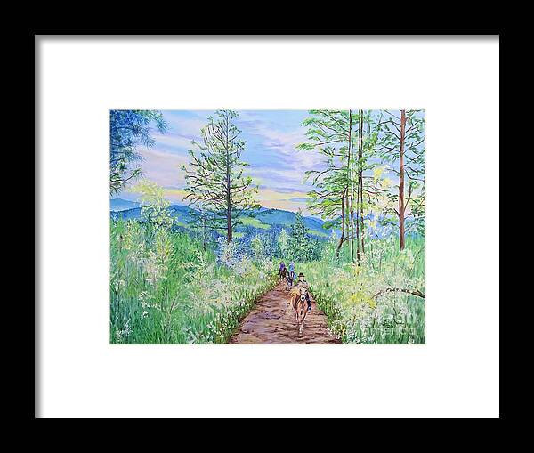 Sidesaddle In The Woods Framed Print featuring the painting Sidesaddle family by Lisa Rose Musselwhite