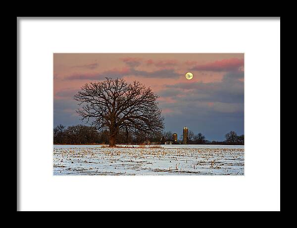 Moon Framed Print featuring the photograph Silo and Snow Moon with Oak in Corn Stubble by Peter Herman