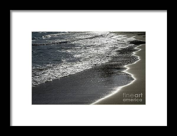 Sandy Beach Framed Print featuring the photograph Silver sea water meets sand 4, Mediterranean coast by Adriana Mueller