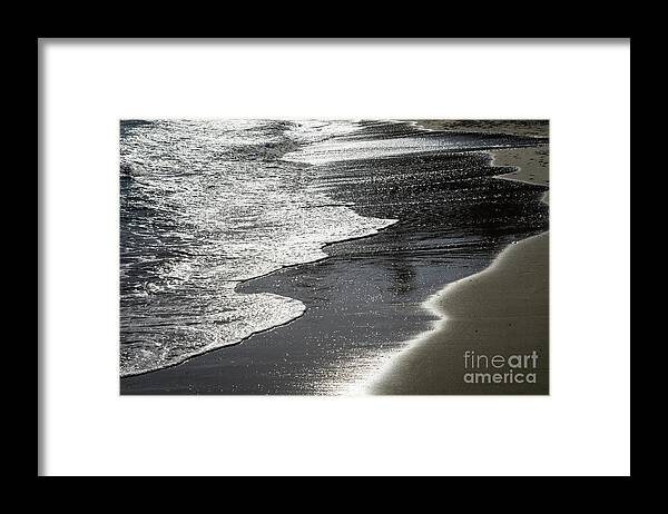 Sandy Beach Framed Print featuring the photograph Silver sea water meets sand 1, Mediterranean coast by Adriana Mueller