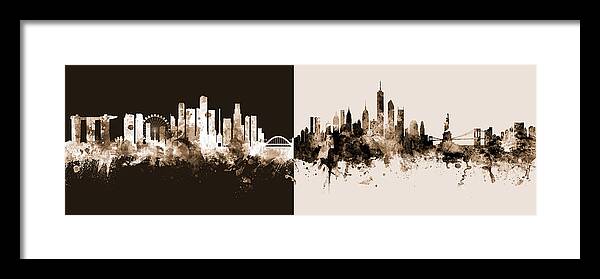 Singapore Framed Print featuring the digital art Singapore and New York Skyline Mashup by Michael Tompsett