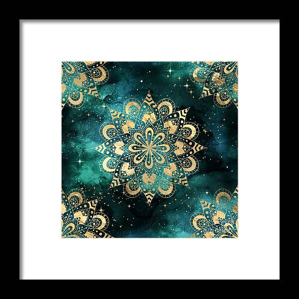 Watercolor Framed Print featuring the digital art Sirana - Teal Gold Watercolor Mandala Galaxy Dharma Pattern by Sambel Pedes