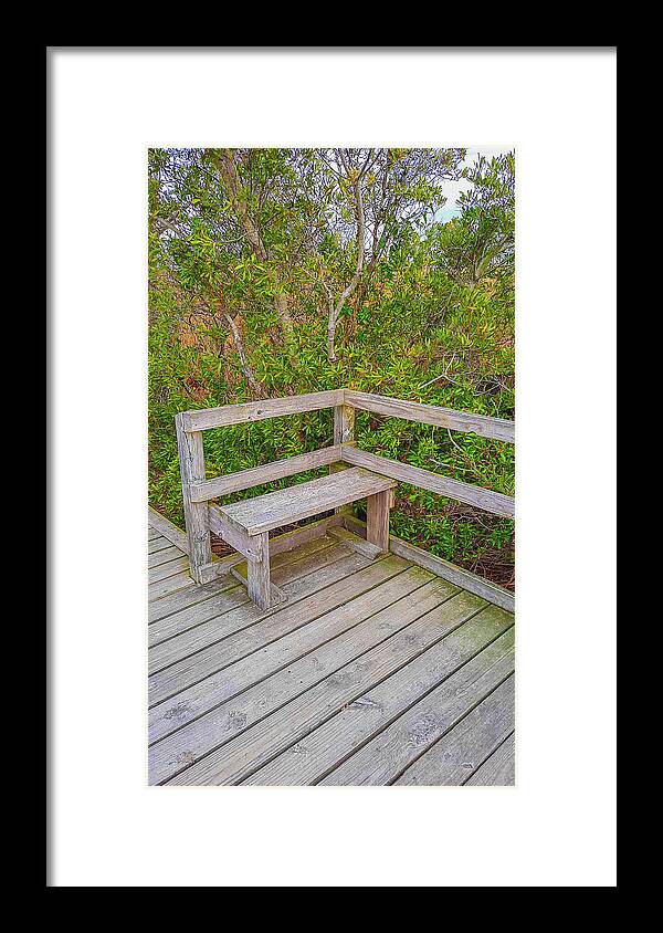 Bench Framed Print featuring the photograph Sit and Enjoy the Beauty of the Wetlands by Ola Allen