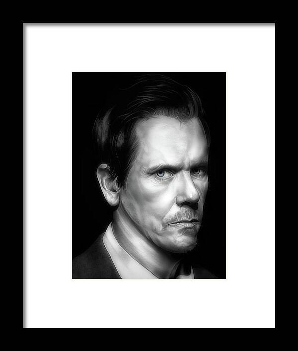 Kevin Bacon Framed Print featuring the drawing Six Degrees of Kevin Bacon - BW Edition by Fred Larucci
