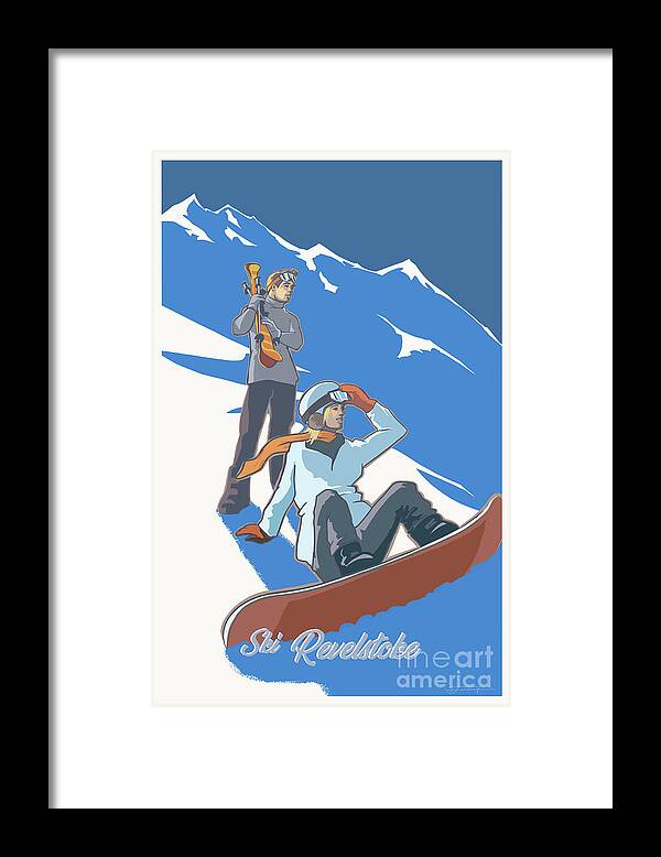 Winter Sports. Revelstoke Framed Print featuring the painting Ski Revelstoke couple by Sassan Filsoof