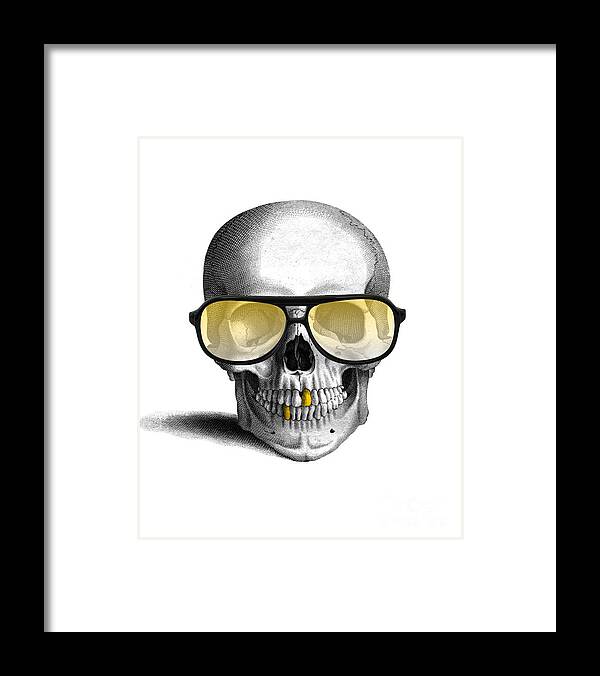 Gold Teeth Framed Print featuring the digital art Skull with gold teeth and sunglasses by Madame Memento
