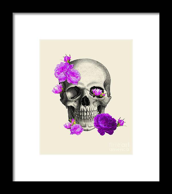 Skull Framed Print featuring the digital art Skull with purple roses by Madame Memento
