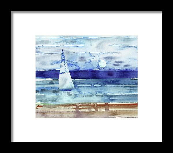 Beach Art Framed Print featuring the painting Sky Blue Aqua Sailboat At The Ocean Shore Seascape Painting Beach House Watercolor by Irina Sztukowski