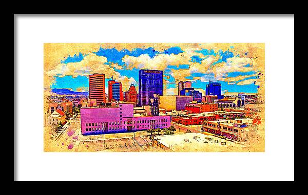 El Paso Framed Print featuring the digital art Skyline of Downtown El Paso, Texas, digital painting with vintage look by Nicko Prints