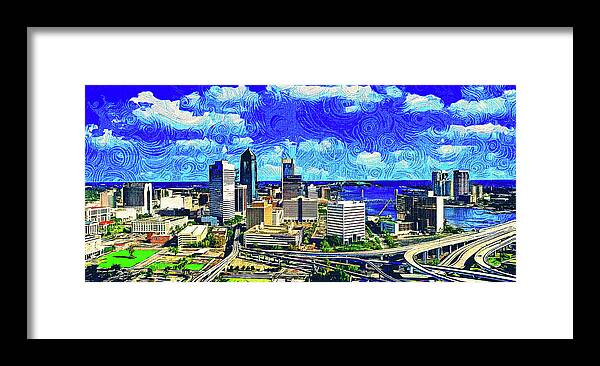 Downtown Jacksonville Framed Print featuring the digital art Skyline of downtown Jacksonville, Florida - impressionist painting by Nicko Prints