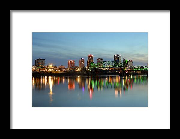 Downtown District Framed Print featuring the photograph Skyline of Little Rock and Arkansas River by Rainer Grosskopf