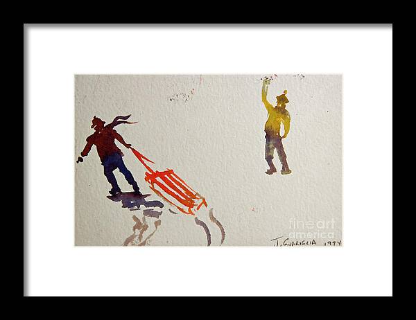 Sledding Framed Print featuring the painting Sledding with a friend by Joyce Guariglia