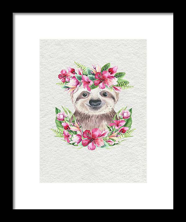 Sloth With Flowers Framed Print featuring the painting Sloth With Flowers by Nursery Art