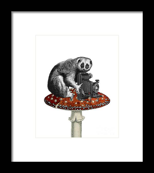 Slow Loris Framed Print featuring the digital art Slow loris with antique camera by Madame Memento