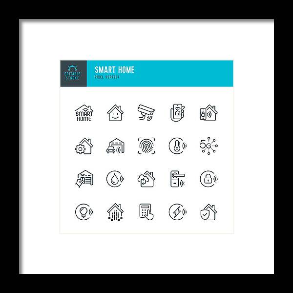 Internet Framed Print featuring the drawing SMART HOME - thin line vector icon set. Pixel perfect. Editable stroke. The set contains icons: Smart Home, Ecosystem, Remote Control, Wireless Technology, Security System, Internet of Things. by Fonikum