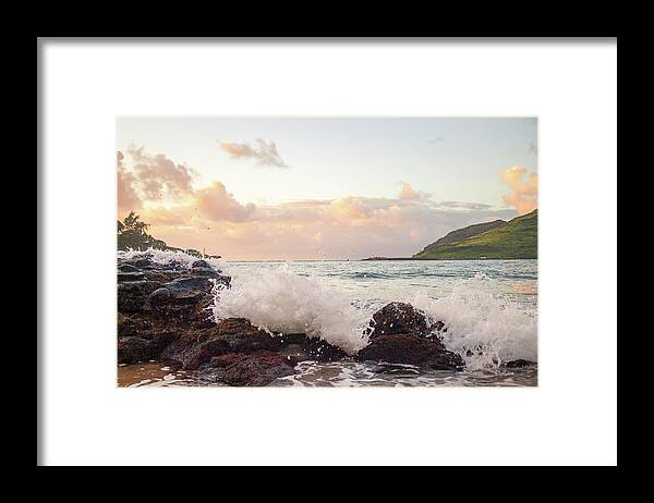 Ocean Framed Print featuring the photograph Crashing Ocean Waves at Sunrise in Hawaii by Auden Johnson