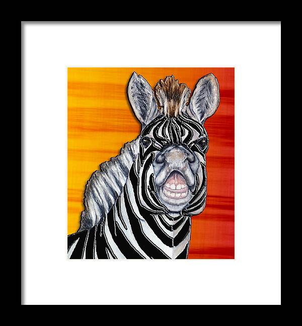 Zebra Framed Print featuring the mixed media Smiling Zebra in Orange by Kelly Mills