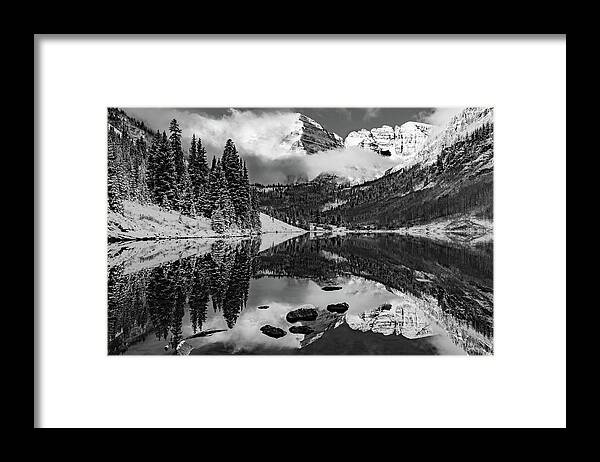 Maroon Bells Framed Print featuring the photograph Snow Capped Peak Reflections of Aspen's Maroon Bells in Monochrome by Gregory Ballos