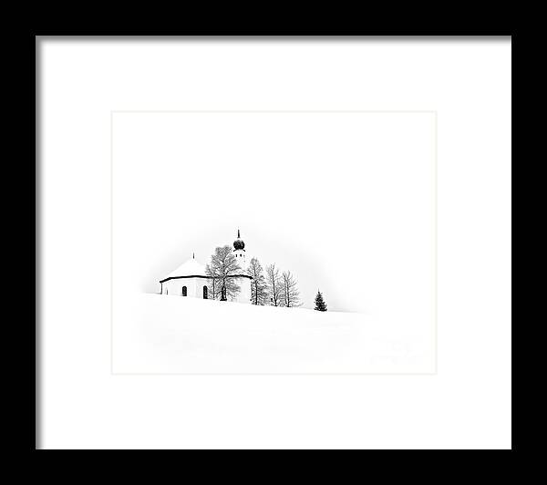 Cozy Snow Winter Austria White Trees Church Stylish Contemporary Conceptual Christmas Atmospheric Peaceful Beautiful Delightful Delicate Gentle Soft Snowdrifts Painterly Graphical Black Mono B&w Minimal Minimalist Minimalism Simplistic Simple Attractive Restful Relaxing Drawing Graphics Covered Xmas Season Greetings Enjoyable Cold Freezing Warm Calm Card Tranquility Relaxation Serene Singular Scenery View Magical Fairy Tale Elements Poetic Artistic Tranquility Snowing Snowfall Spiritual Inspire Framed Print featuring the photograph Snow, Cosy Snow, White Christmas by Tatiana Bogracheva
