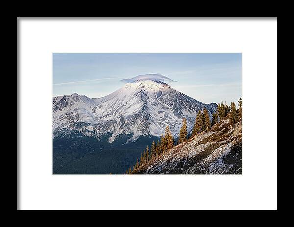 California Framed Print featuring the photograph Snow Covered Mt. Shasta Glowing by Gary Geddes