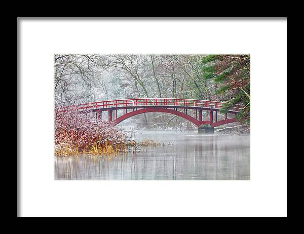 Sargent Bridge Framed Print featuring the photograph Snow Covered Sargent Footbridge in Natick Massachusetts by Juergen Roth