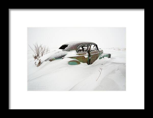 1947 Framed Print featuring the photograph Snow Cruiser - 1 of 3 - 1947 Chevy Coup in a ND snow scene by Peter Herman