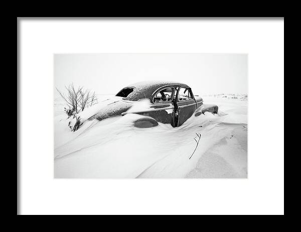 1947 Framed Print featuring the photograph Snow Cruiser - 1947 Chevy Coup in a ND snow scene - black and white conversion by Peter Herman
