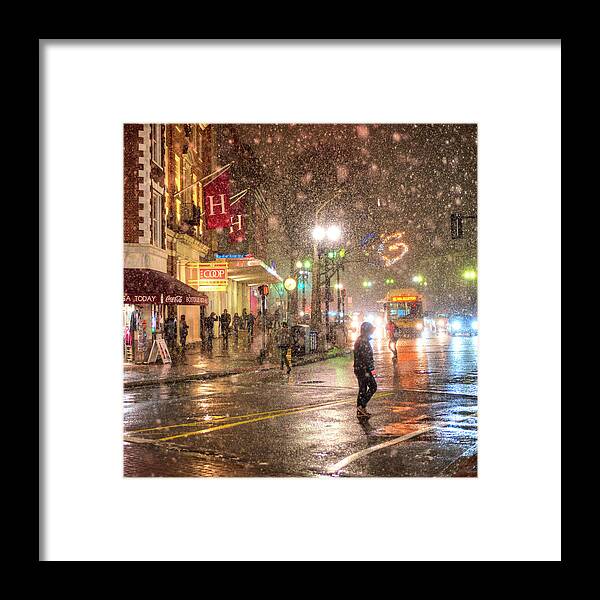 Harvard Framed Print featuring the photograph Snowfall in Harvard Square Cambridge MA COOP Square by Toby McGuire
