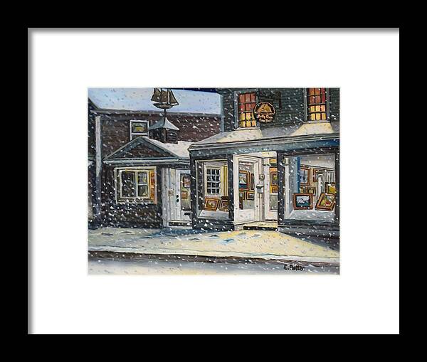 Snow Framed Print featuring the painting Snowy Evening At The Gallery by Eileen Patten Oliver