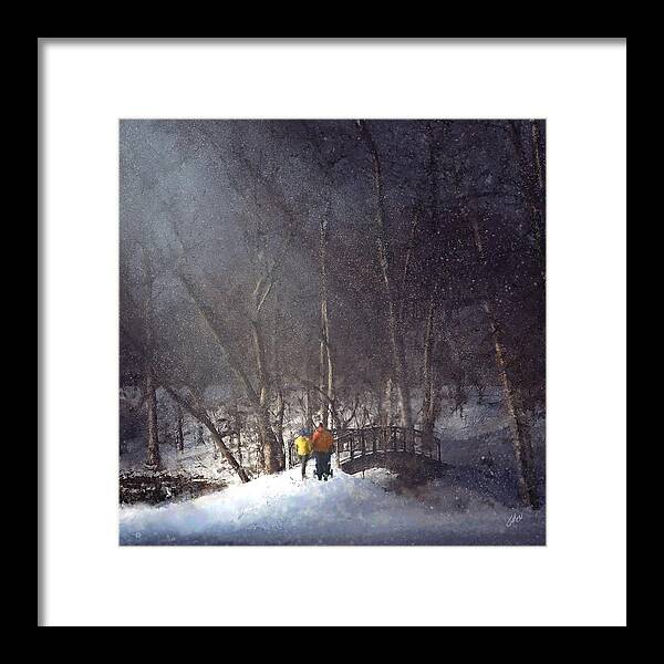 Minneapolis Framed Print featuring the digital art Snowy Moonlit Walk Over a Minnehaha Creek Bridge by Glenn Galen
