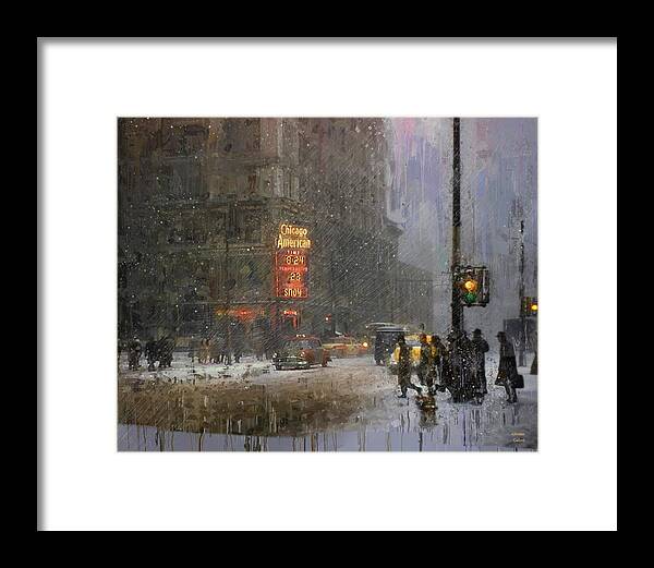 Chicago Framed Print featuring the mixed media Snowy Morning - Chicago American 1952 by Glenn Galen