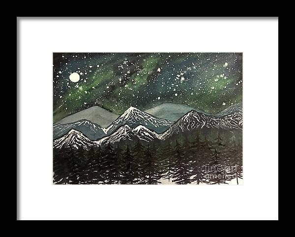 Snowy Mountains Framed Print featuring the painting Snowy Mountains with Aurora by Lisa Neuman
