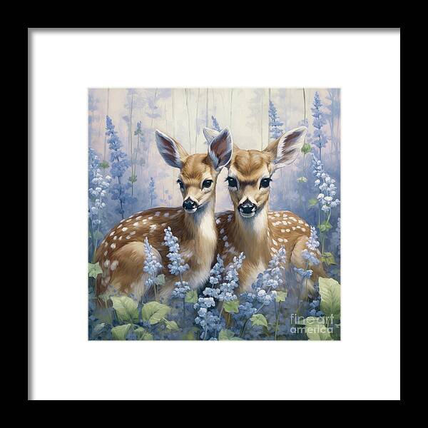 Deer Framed Print featuring the painting Snuggling In The Lupines by Tina LeCour