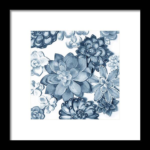 Blue Plant Framed Print featuring the painting Soft Indigo Blue Succulent Plants Garden Watercolor Interior Art IX by Irina Sztukowski